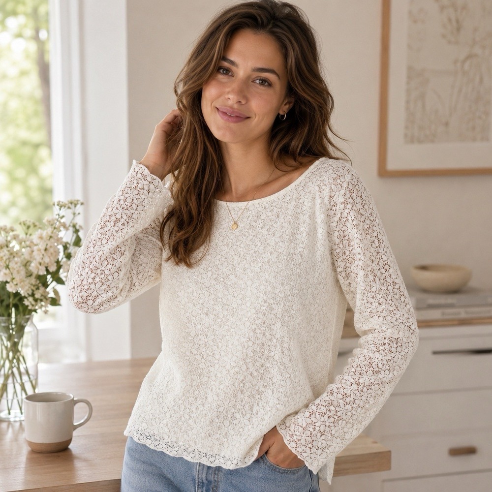 NEW Sanctuary Ivory Textured Sheer Long Sleeve‎ Base Layer Feminine Dainty L
